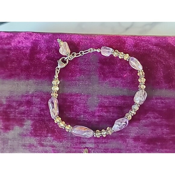 925 Sterling Silver Amethyst And Tourmaline Adjustable Beaded Bracelet Vintage - Picture 4 of 10